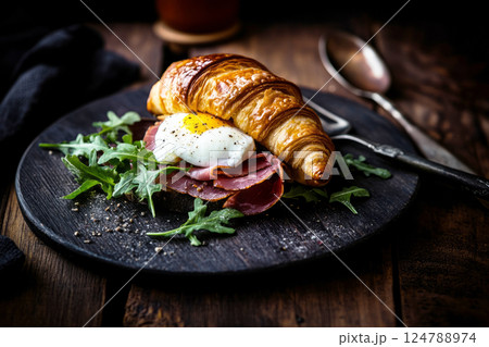 A golden croissant stuffed with poached egg, ham, and arugula, placed on a dark wooden surface. Moody lighting enhances the textures, creating a warm, rustic atmosphere A golden croissant stuffed with poached egg, ham, and arugula, placed on a dark wooden surface. Moody lighting enhances the textures, creating a warm, rustic atmosphere 124788974