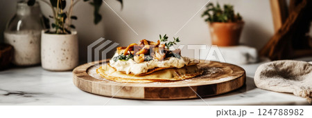 Golden mini crepes stuffed with creamy cashew, crisp spinach, and fried mushrooms are arranged on a rustic tray. Soft lighting enhances the textures, adding warmth and depth, banner Golden mini crepes stuffed with creamy cashew, crisp spinach, and fried mushrooms are arranged on a rustic tray. Soft lighting enhances the textures, adding warmth and depth, banner 124788982