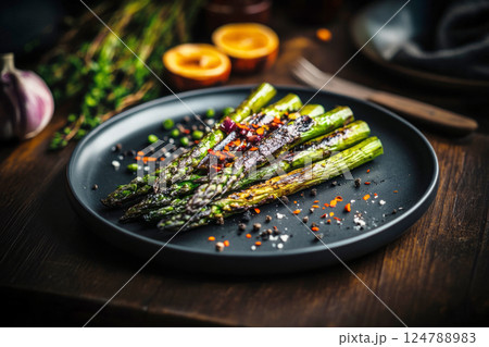 Grilled asparagus topped with Parmesan cheese and chili flakes, served on a plate. A crispy, healthy dish with a smoky, savory flavor, perfect as a side or snack. Full of flavor and freshness 124788983