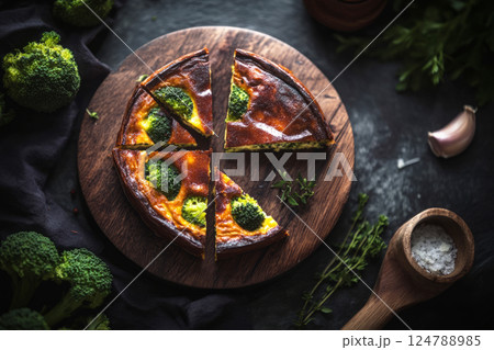 A rustic frittata cut into triangles with broccoli, goat cheese, and Parmesan, showcasing a golden texture, served as a cozy, healthy meal with a rustic aesthetic A rustic frittata cut into triangles with broccoli, goat cheese, and Parmesan, showcasing a golden texture, served as a cozy, healthy meal with a rustic aesthetic 124788985