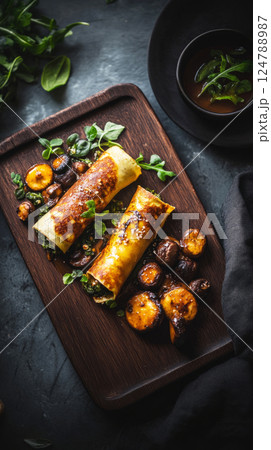 Mini crepes with creamy cashew filling, fresh spinach, and crispy mushrooms rest on a modern wooden tray. The rich textures and earthy tones create a cozy, rustic mood 124788987