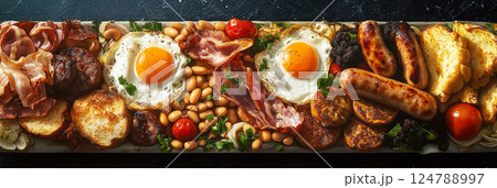 A classic Full English Breakfast with crispy fried eggs, sausages, bacon, hash browns, beans, and toast, topped with fresh parsley for a warm, inviting start to the day, traditional English dish A classic Full English Breakfast with crispy fried eggs, sausages, bacon, hash browns, beans, and toast, topped with fresh parsley for a warm, inviting start to the day, traditional English dish 124788997