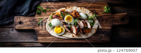 Warm pita with chicken breast, boiled egg, and yogurt dressing, set on dark wood, with moody lighting adding rustic elegance and creating an intimate atmosphere, banner Warm pita with chicken breast, boiled egg, and yogurt dressing, set on dark wood, with moody lighting adding rustic elegance and creating an intimate atmosphere, banner 124789007