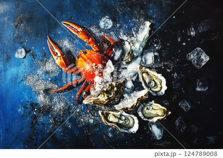 A luxurious seafood display featuring oysters, crab, and squid arranged on a deep blue background with ice, showcasing vibrant textures and a refreshing, appetizing look A luxurious seafood display featuring oysters, crab, and squid arranged on a deep blue background with ice, showcasing vibrant textures and a refreshing, appetizing look 124789008