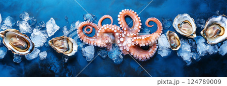 A luxurious seafood platter featuring octopus, shrimp, and oysters on a dark blue backdrop, with scattered ice pieces to accentuate freshness, illuminated with cool, soft lighting, banner A luxurious seafood platter featuring octopus, shrimp, and oysters on a dark blue backdrop, with scattered ice pieces to accentuate freshness, illuminated with cool, soft lighting, banner 124789009