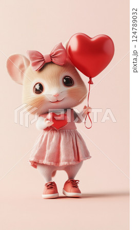 A cheerful baby girl hamster in a dress and sneakers holds a red heart-shaped balloon, bringing a lively, happy vibe to this kids story character 124789032