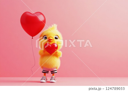 A cute baby chicken in a t-shirt, shorts, and sneakers holds a red heart-shaped balloon, radiating joy and playfulness against a pastel background 124789033