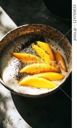 A colorful yogurt bowl topped with ripe mango slices and chia seeds, offering a delicious, wholesome breakfast that's light, fresh, and perfect for morning energy 124789035