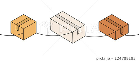 Package cardboard boxes one line colored continuous drawing. Carton delivery boxes. Vector illustration. Package cardboard boxes one line colored continuous drawing. Carton delivery boxes. Vector illustration. 124789183