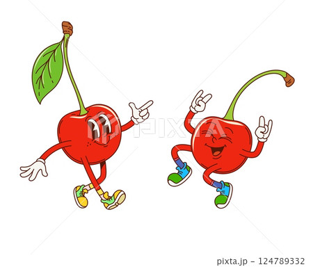 Cartoon groovy cherry berry fruit characters. Two cheerful berries retro personages embodying y2k funky energy, exhibit disco dance moves and joyful expressions. Isolated vector playful cherry friends 124789332