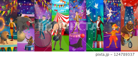 Cartoon circus performer characters and animals, clowns and acrobats, vector collage. Circus and funfair carnival performers, tamed lion in fire ring, monkey juggling and illusionist with strongman 124789337