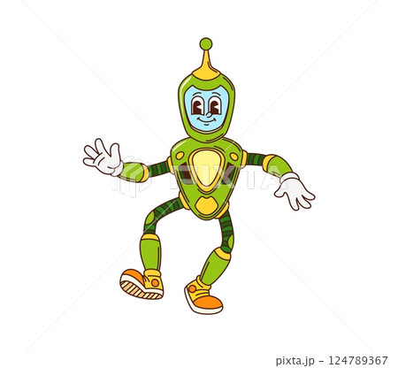 Groovy cartoon retro robot or funny droid character and space android, vector personage. Groovy retro robot or alien cyborg bot with happy smiling face in helmet with antenna for kids robot character 124789367