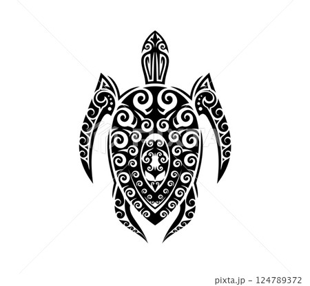 Turtle tattoo in Maori tribal ornament or Polynesian or Hawaiian pattern, vector art design. Abstract tribal tattoo of sea turtle animal with intricate sharp lines in Celtic or Maori tribal design Turtle tattoo in Maori tribal ornament or Polynesian or Hawaiian pattern, vector art design. Abstract tribal tattoo of sea turtle animal with intricate sharp lines in Celtic or Maori tribal design 124789372