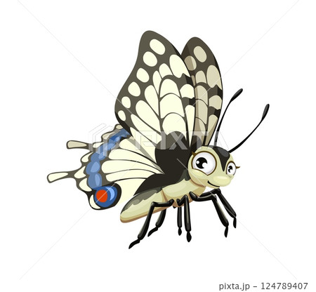 Cartoon funny swallowtail butterfly insect character with large expressive eyes and patterned wings in shades of cream, black, and blue with red accents. Isolated vector cheerful butterfly personage 124789407