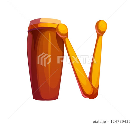 Cartoon musical font letter N as a bongo drum with two drumsticks, music instrument typeface, entertainment funny type, English alphabet. Isolated vector musician pervussion equipment, abc character 124789433