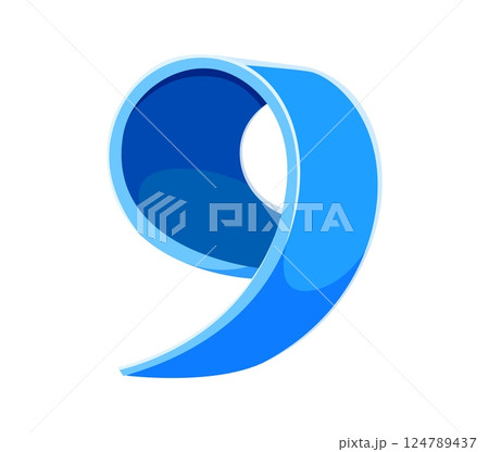 Cartoon number nine made of blue yoga mat. Vector sport font, numeral 9 typeface, funny type, kids alphabet symbol for children mathematics learning, fun educational activities and arithmetic games 124789437