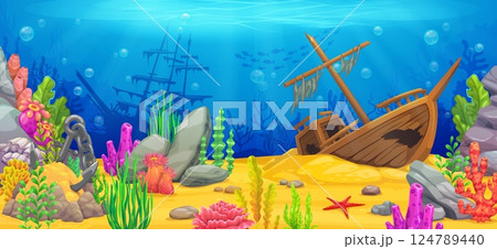 Underwater sea landscape with sunken pirate ships, algae seaweeds and fish shoal silhouettes, game level scene. Cartoon vector ocean bottom background with colorful coral reefs, and tropical plants 124789440