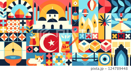 Geometric Turkey pattern with turkish travel landmarks abstract graphic shapes. Vector Turkey tourism background of turkish flag, Istanbul mosque, Bosphorus bridge and coffee geometric shapes collage Geometric Turkey pattern with turkish travel landmarks abstract graphic shapes. Vector Turkey tourism background of turkish flag, Istanbul mosque, Bosphorus bridge and coffee geometric shapes collage 124789448