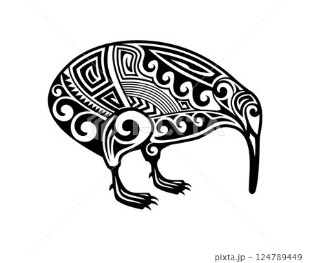 Samoan Maori culture kiwi bird animal tattoo. Polynesian Maori culture animal tattoo, Samoan ethnic warrior vector sign. New Zealand tribal motif isolated symbol or Hawaiian tribe print 124789449