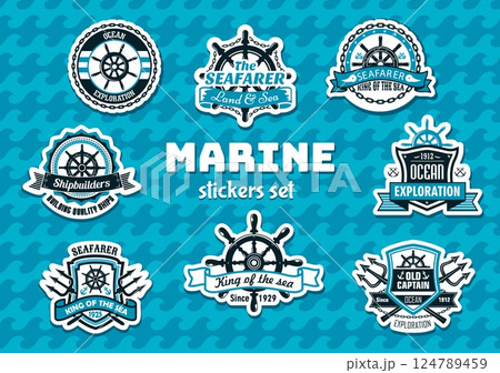 Marine labels or stickers pack of sea navy badges with anchor and ship helm, vector icons. Heraldic marine labels set of trident and captain or sailor seafaring quotes with wave ribbons and chains Marine labels or stickers pack of sea navy badges with anchor and ship helm, vector icons. Heraldic marine labels set of trident and captain or sailor seafaring quotes with wave ribbons and chains 124789459