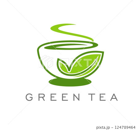 Organic herbal green tea store icon. Herbal beverage company abstract vector emblem, restaurant hot drinks menu sign. Premium natural green tea brand or store symbol with green leaf, cup and vapor Organic herbal green tea store icon. Herbal beverage company abstract vector emblem, restaurant hot drinks menu sign. Premium natural green tea brand or store symbol with green leaf, cup and vapor 124789464
