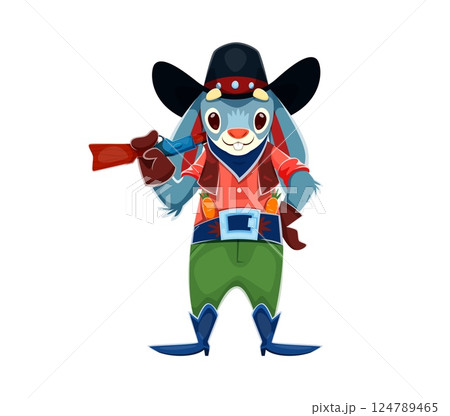 Cartoon Wild West animal cowboy or bunny ranger character, vector Western bandit. Texas cowboy rabbit with funny face or Wild West animal character in sombrero hat, with rifle and carrots in bandoleer Cartoon Wild West animal cowboy or bunny ranger character, vector Western bandit. Texas cowboy rabbit with funny face or Wild West animal character in sombrero hat, with rifle and carrots in bandoleer 124789465