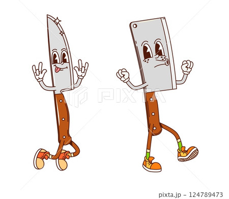 Cartoon groovy kitchen hatchet and knife characters. Retro y2k kitchenware and utensil personages. Isolated vector cutting tools dancing with hands up and a big smile, exuding happiness and rejoice Cartoon groovy kitchen hatchet and knife characters. Retro y2k kitchenware and utensil personages. Isolated vector cutting tools dancing with hands up and a big smile, exuding happiness and rejoice 124789473