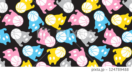 cat seamless pattern basketball kitten sport ball calico sitting cartoon doodle pet illustration tile background gift wrapping paper repeat wallpaper 124789488