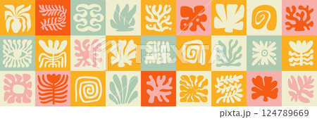 Flat seamless pattern in simple floral wavy and groovy naive style, ocean and vacation theme, flowers and plants, floral botanic hand drawn design templates, modern hand drawn art prints. Vector 124789669