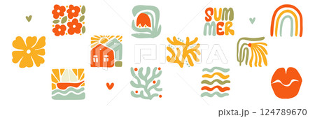 Retro hand drawn Groovy naive elements set in trendy Boho style. Geometric Summer Palm Tree. Simple background of sun sea. Retro Summer Beach Hand Drawn isolated illustration. Vintage Vector design 124789670