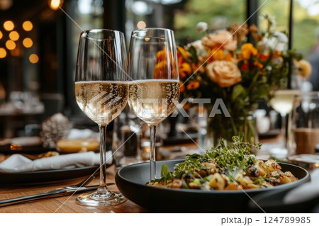 Elegant outdoor dining setup with sparkling drinks and delicious food in a lush garden 124789985