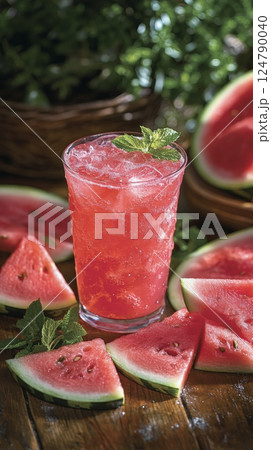 Refreshing watermelon cocktail served with mint leaves on a wooden table 124790040