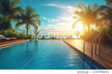 Relaxing afternoon at a tropical pool surrounded by palm trees and sunlight 124790041