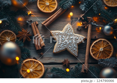 Holiday baking arrangement featuring star-shaped cookie with spices and dried fruits on wooden table Holiday baking arrangement featuring star-shaped cookie with spices and dried fruits on wooden table 124790066