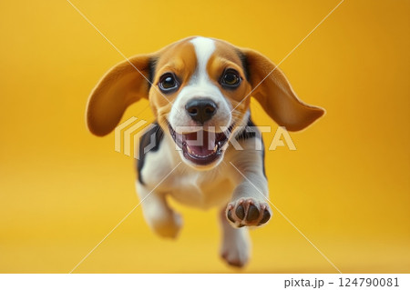 Beagle puppy joyfully running against bright yellow background 124790081