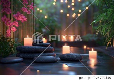 Relaxing spa ambiance with candles and stones in a tranquil garden setting 124790130