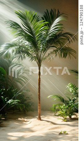 Sunlight streaming through leaves of palm tree in tranquil indoor garden setting 124790188
