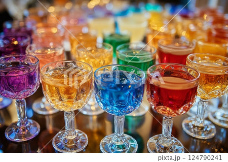 Colorful drinks and vibrant flowers create a festive outdoor gathering atmosphere in a warm setting Colorful drinks and vibrant flowers create a festive outdoor gathering atmosphere in a warm setting 124790241