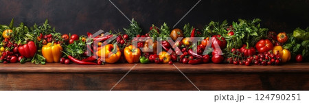 Vibrant display of assorted vegetables including peppers and tomatoes on dark wooden surface 124790251
