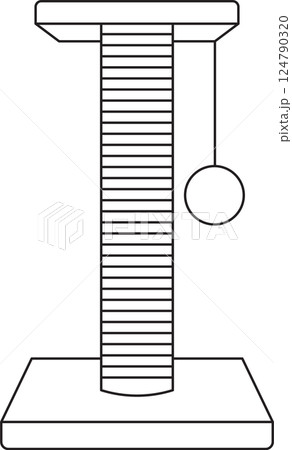 vector illustration, two-story scratching post with a toy ball on a rope for domestic cats, simple linear icons, doodle and sketch style, hand-drawn, isolated on a white background 124790320