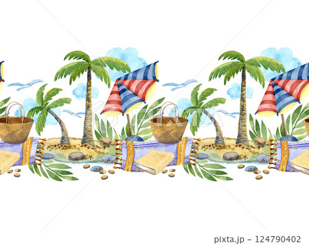 Rest on a paradise beach, concept of rest and relaxation, endless border, watercolor illustration isolated on white background, for invitations, parties, menus and wrapping paper. 124790402