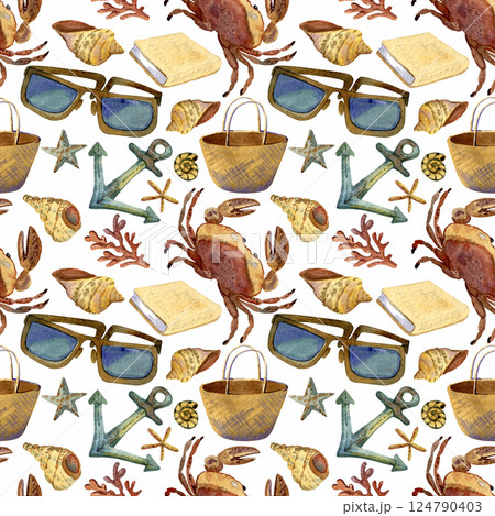 A luxurious summer pattern with tropical plants, marine life and beach accessories. 124790403