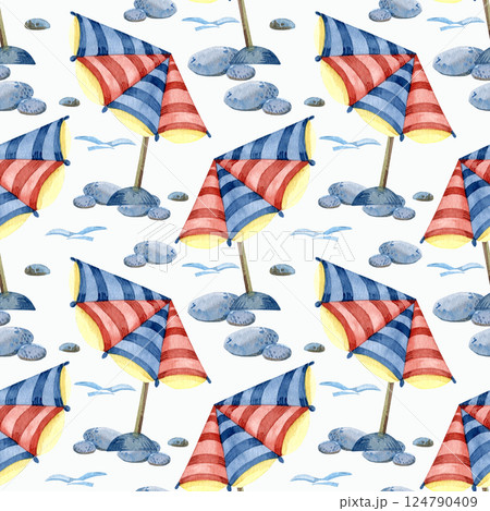 Seamless watercolor pattern with elements of beach life, colorful beach umbrella, pebbles, sea. Seamless watercolor pattern with elements of beach life, colorful beach umbrella, pebbles, sea. 124790409