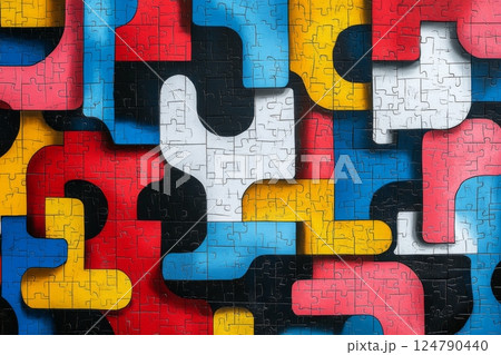 Colorful abstract mural displaying interconnected puzzle pieces on a wall in a vibrant urban setting 124790440