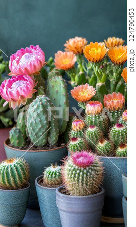 Colorful cactus arrangement showcasing vibrant flowers and textures in an indoor display 124790453