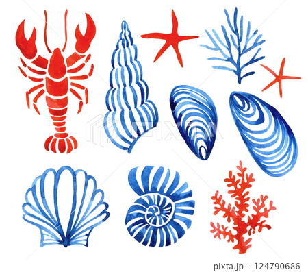 Watercolor illustration, set of sea elements. crayfish, sea shells, starfish. blue and red colors Watercolor illustration, set of sea elements. crayfish, sea shells, starfish. blue and red colors 124790686