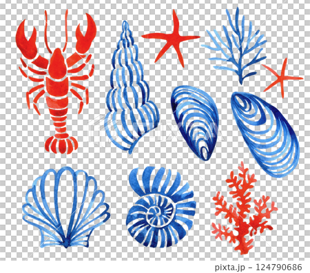 Watercolor illustration, set of sea elements. crayfish, sea shells, starfish. blue and red colors Watercolor illustration, set of sea elements. crayfish, sea shells, starfish. blue and red colors 124790686