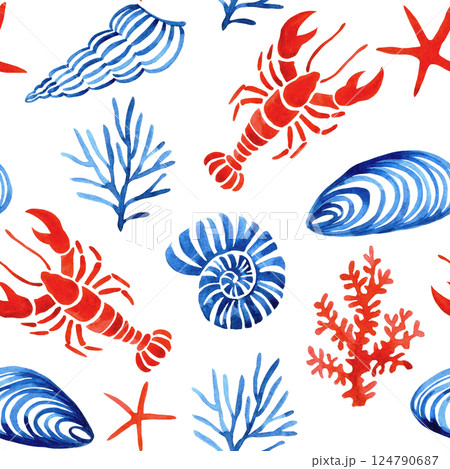 watercolor seamless pattern, with seashells, lobsters. mediterranean print watercolor seamless pattern, with seashells, lobsters. mediterranean print 124790687