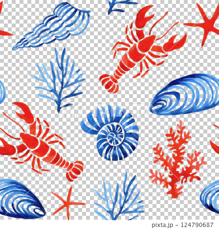 watercolor seamless pattern, with seashells, lobsters. mediterranean print watercolor seamless pattern, with seashells, lobsters. mediterranean print 124790687