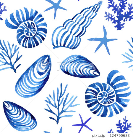 watercolor seamless pattern, with blue seashells. mediterranean prin 124790688